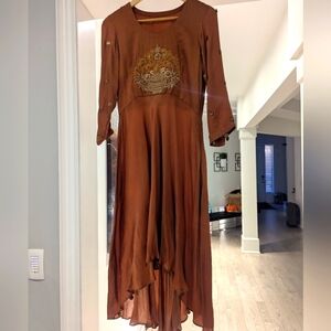 Brown Asymmetrical Tiered Long Sleeve Indian Punjabi Silk Suit- S Like New